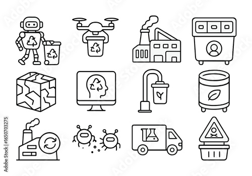 Futuristic Waste Management Icons. Outline icon set of futuristic waste management: robotic trash collectors,