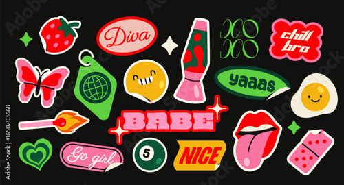 Colorful collection of retro-inspired Y2K stickers. Vector graphic set with fun, nostalgic elements from the 90s and 2000s era.