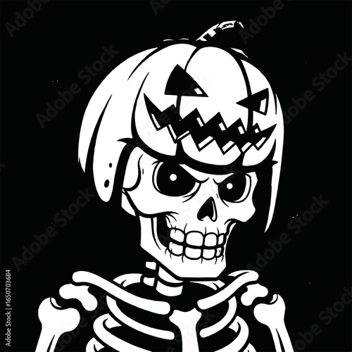 A black and white illustration of a grinning skeleton wearing a carved jack-o'-lantern pumpkin on its head like a helmet.