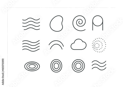 Abstract Icon Set. Outline icon set of abstract calm: smooth waves, soft curves, rounded spirals, gradient