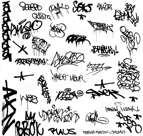 A versatile collection of hand-drawn graffiti tags. Monochrome urban street art lettering and signatures set for creative projects.