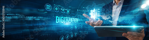 Fotografija An expert using a tablet is analyzing digitization process data transformation, monitoring automation efficiency scalability integration innovation optimization performance