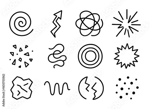 Abstract Icon Grid. Outline icon set of abstract frustration: jagged spirals, broken arrows, tangled lines,
