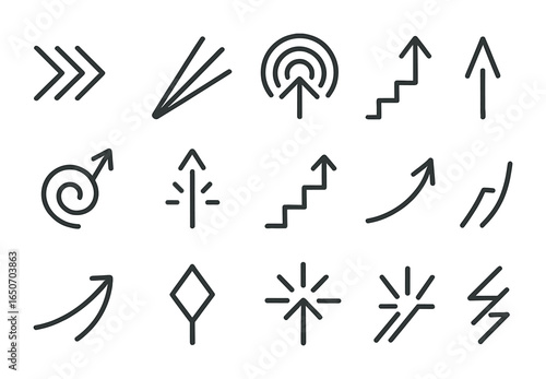 Abstract Icon Grid. Outline icon set of abstract determination: forward arrows, sharp beams, concentric lines,