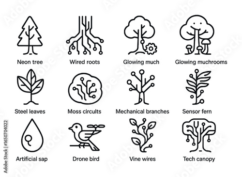Cybernetic Forest Icons. Outline icon set of cybernetic forests: neon trees, wired roots, gear bark, glowing