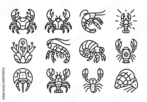Cybernetic Crustaceans Icons. Outline icon set of cybernetic crustaceans: steel crabs, mech lobsters, nano