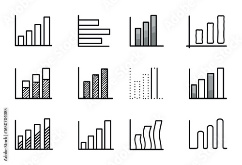 Artistic Bar Chart Icons. Outline icon set of artistic bar charts: vertical bars, horizontal bars, gradient