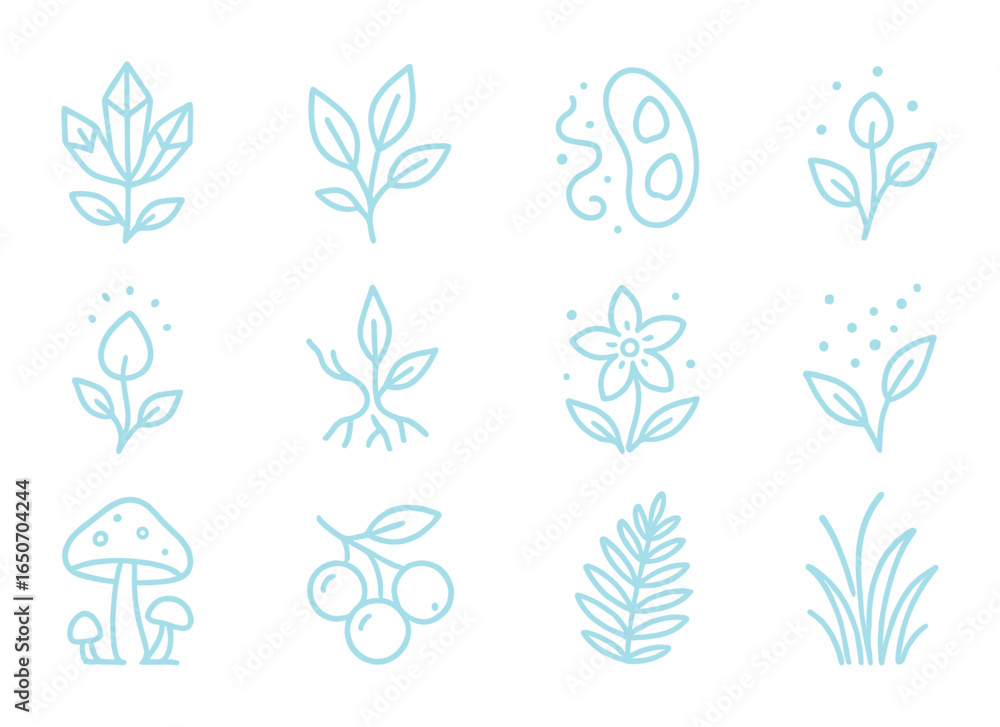 Fototapeta premium Glowing Fantasy Plant Icons. Outline icon set of glowing fantasy plants: crystal flowers, neon leaves,