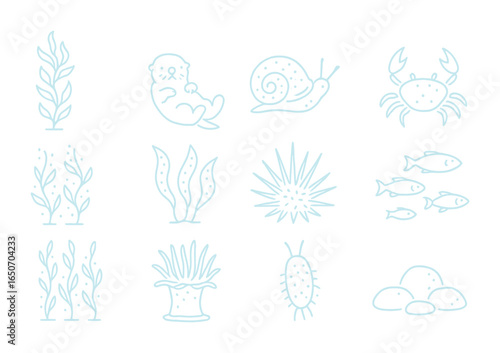 Glowing Kelp Icons. Outline icon set of glowing kelp forests: giant kelp, sea otters, luminous sea snails,