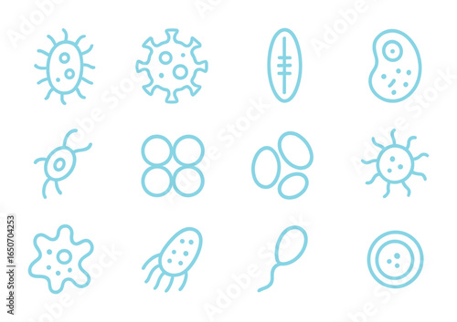 Microscopic Life Icons. Outline icon set of glowing microscopic life: bacteria, viruses, diatoms, protozoa,