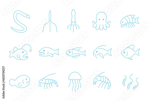 Abyssal Creatures Icon Set. Outline icon set of glowing abyssal creatures: gulper eel, tripod fish, dumbo