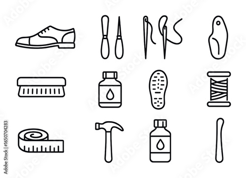 Cobblers' Tools Icons. Outline icon set of cobblers: leather shoes, awls, stitching needles, shoe lasts,