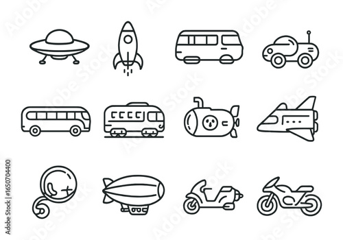 Vintage Sci-Fi Vehicles. Outline icon set of vintage sci-fi vehicles: flying saucers, rocket ships, hover vans