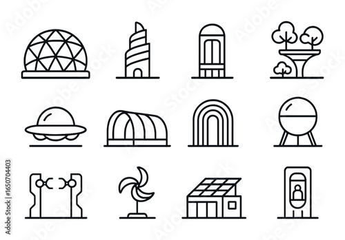 Retrofuturistic Architecture Icons. Outline icon set of retrofuturistic architecture: geodesic domes, spiral