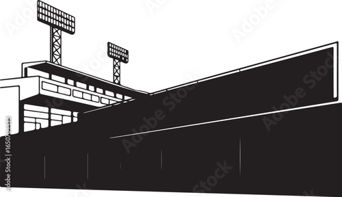 Modern stadium exterior with bright lights and empty seats