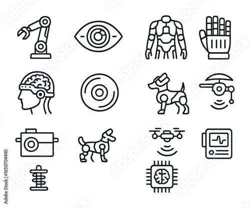 Retro Cybernetics Icons. Outline icon set of retro cybernetics: robotic arms, mechanical eyes, exoskeleton