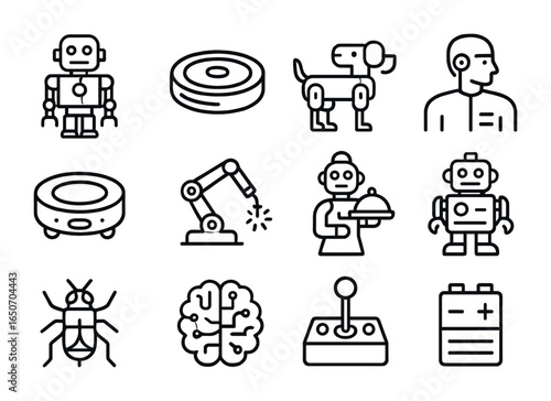 Retro Robotics Icon Set. Outline icon set of retro robotics: humanoid robots, cleaning bots, mechanical dogs,