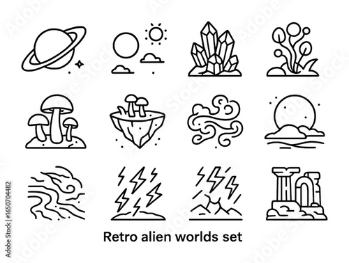 Retro Alien Icon Set. Outline icon set of retro alien worlds: ringed planets, twin suns, crystal mountains,