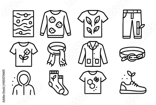 Symbiotic Clothing Icons. Outline icon set of symbiotic clothing: algae-dyed fabrics, moss sweaters,