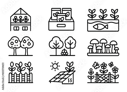 Regenerative Food Icons. Outline icon set of regenerative food systems: rooftop greenhouses, seed libraries,