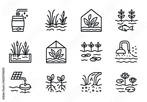 Symbiotic Water Systems Icons. Outline icon set of symbiotic water systems: rainwater barrels, wetland filters
