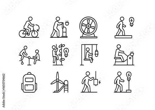 Human-Powered Energy Icons. Outline icon set of human-powered green energy: pedal chargers, hand-crank