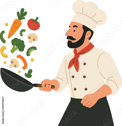 Chef tossing vegetables in a wok Illustration
