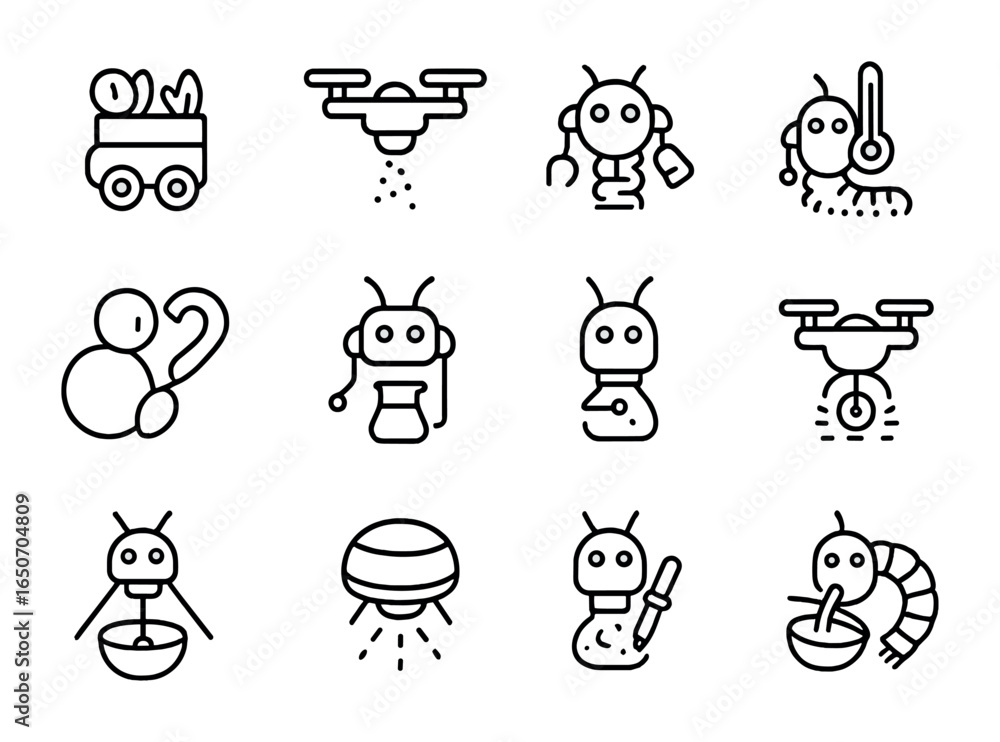 Fototapeta premium Microrobot Kitchen Helpers. Outline icon set of kitchen helper microrobots: ingredient sorting bots, spice