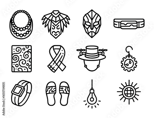 Futuristic Fashion Icons. Outline icon set of fusion ceremonial wear: neon bead necklaces, mech feathered