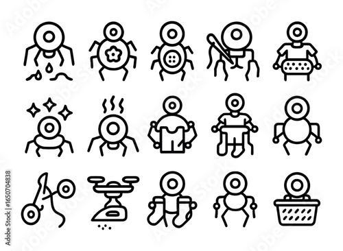 Laundry Microbots Icons. Outline icon set of laundry microrobots: micro stain removers, fabric softening bots,