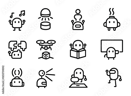 Entertainment Microrobots Icons. Outline icon set of entertainment microrobots: music playing nanos, mood