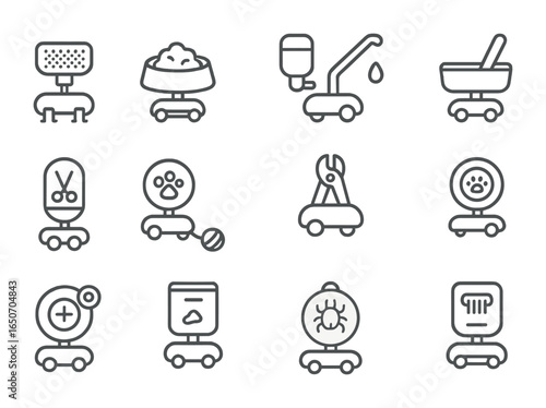 Pet Care Microrobot Icons. Outline icon set of pet care microrobots: fur brushing nanos, feeding bots, water