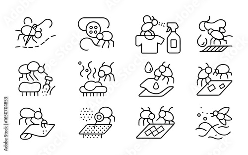 Microrobots Clothing Care Icons. Outline icon set of clothing maintenance microrobots: micro sewing bots,