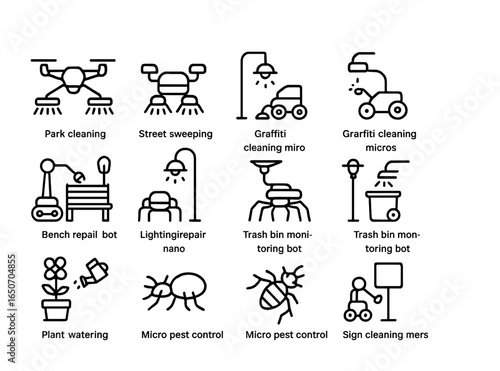 Public Space Microrobots Icons. Outline icon set of public space microrobots: park cleaning drones, street