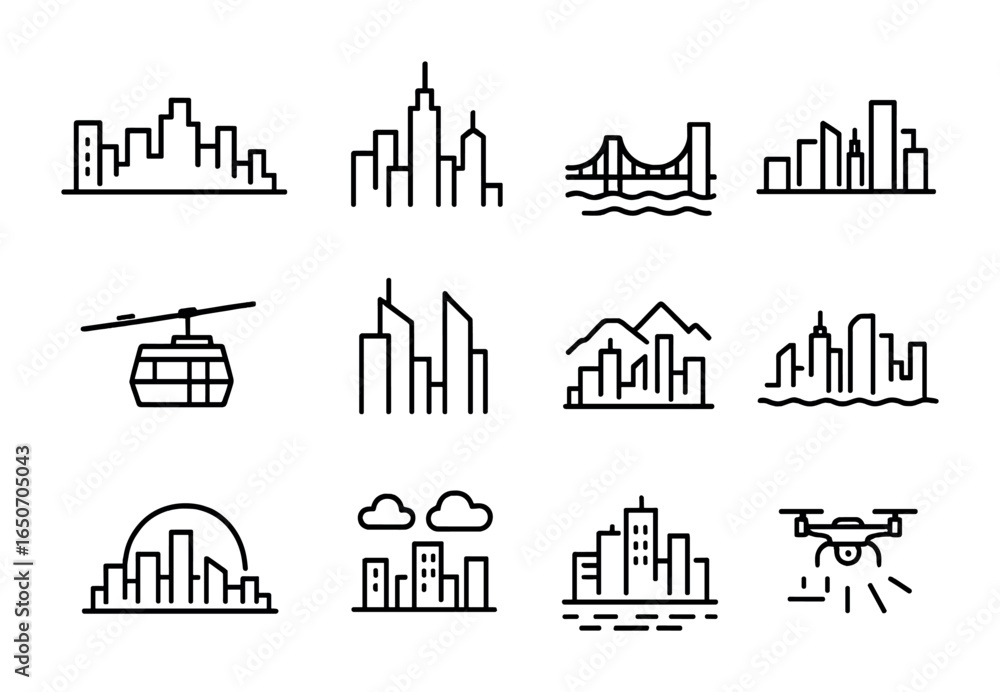 Fototapeta premium Skyline Icon Set. Outline icon set of skyline perspectives: panoramic rooftops, tower silhouettes, bridge