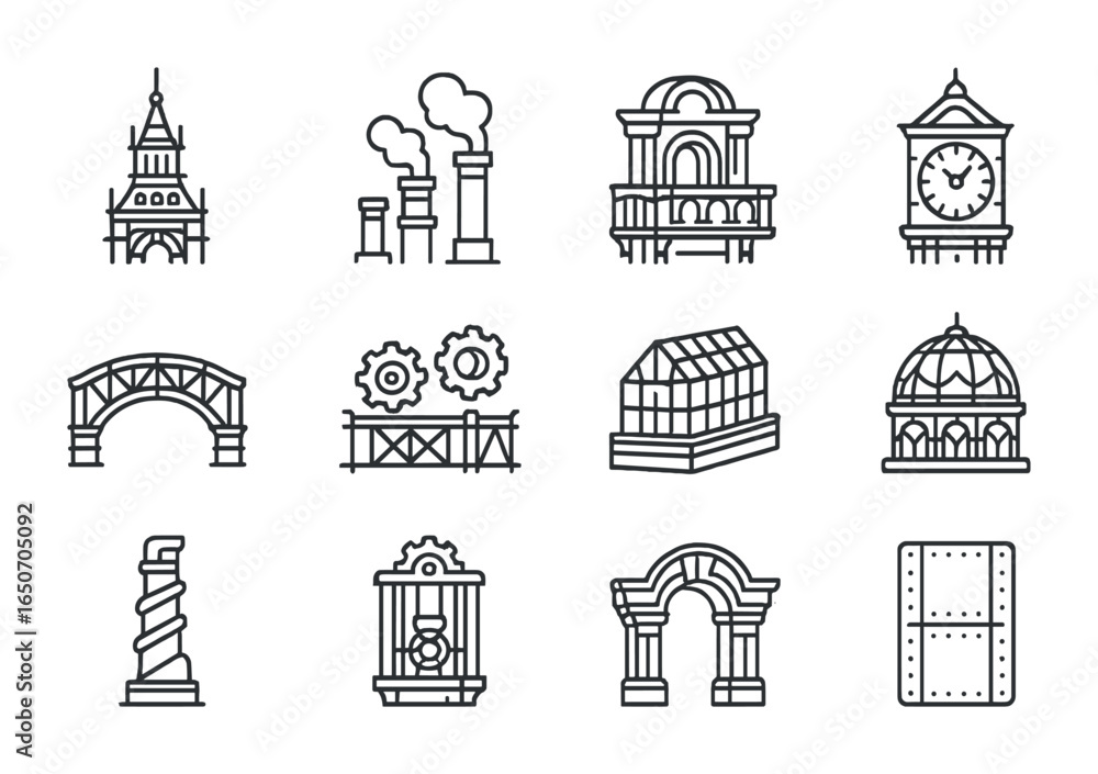 Fototapeta premium Neo-Victorian Icon Set. Outline icon set of neo-victorian megastructures: ornate towers, steam vents, brass