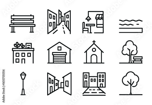 Urban Solitude Icons. Outline icon set of urban solitude spots: empty benches, quiet alleys, dim cafes,