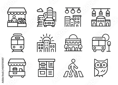 City Life Icons. Outline icon set of city rhythms: morning markets, afternoon traffic, evening lights, night