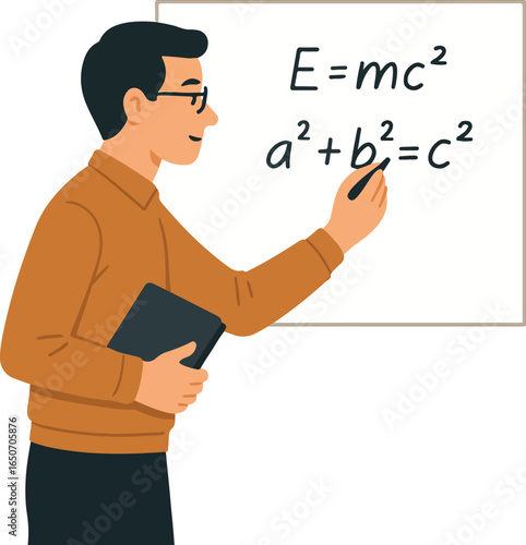 Teacher writing equations on a whiteboard Illustration