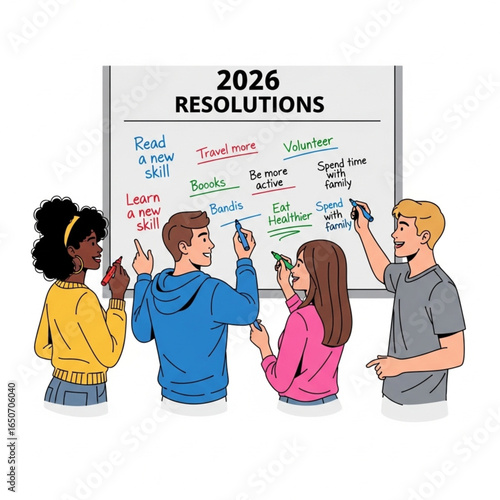 Group of Diverse People Writing 2026 Resolutions on Whiteboard Goals Concept