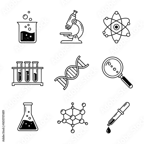 Black and white science icons including beaker microscope D N A molecule and pipette laboratory