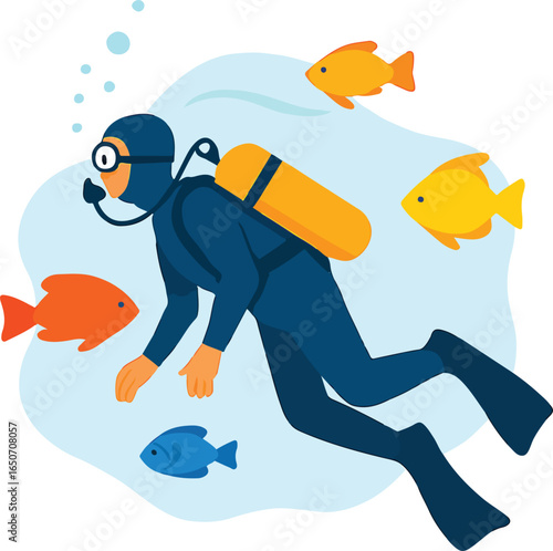 Scuba diver underwater with colorful fish Illustration