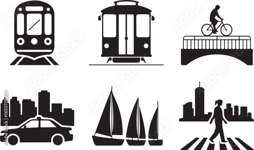 Urban transport and city life icons set