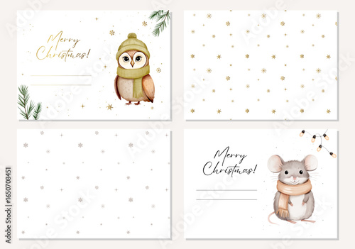 Cute merry Christmas cards with owl and mouse. Winter patterns. Watercolor animals in clothes illustration