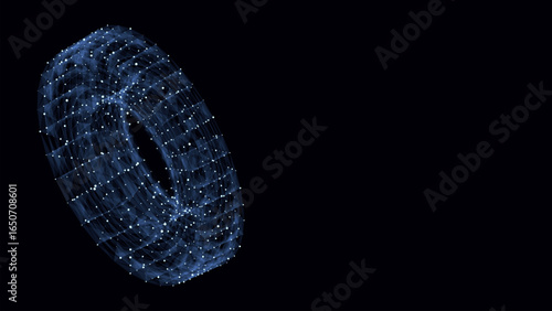 3D futuristic vector geometric shape with blue dots and lines. Structure technology network connection. Abstract wireframe torus twist form. Ai in dark cyberspace background.