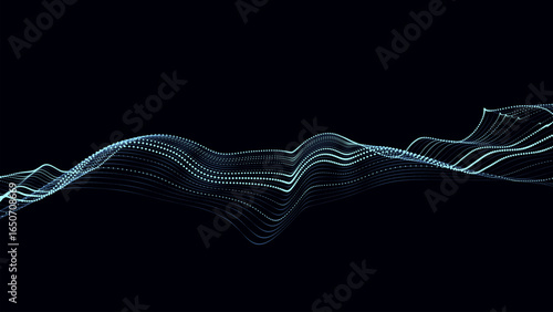Abstract vector technology blue wave with motion glowing dots. Musical dark cyberspace in digital background. Dynamic sound wave. Connection big data. Digital frequency equalizer.