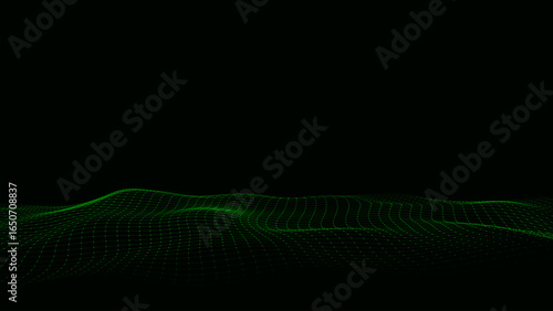 Abstract vector technology green wave with motion glowing dots. Dark cyberspace in digital background. Connection big data. Futuristic wireframe texture. Dynamic analysis a network connection.