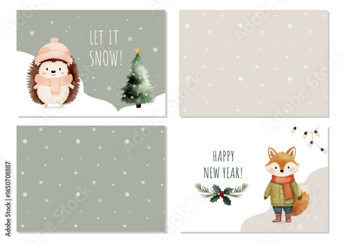 Cute merry winter cards with hedgehog and fox. Xmas patterns. Watercolor animals in clothes illustration