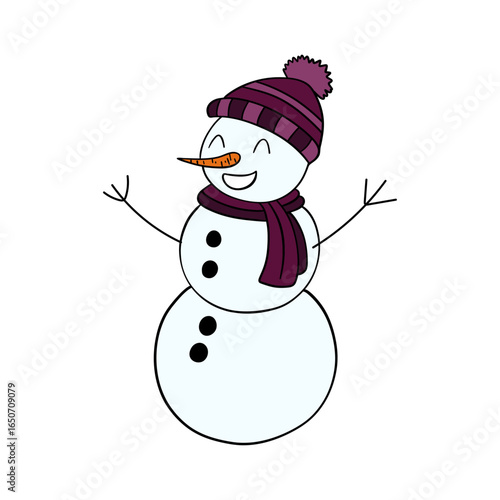 Funny, smiling andhappy winter outdoor snowman character with hat and scarf. Snow day playtime winter scene season. Activity for children element collection