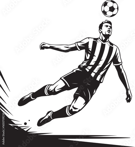 Dynamic soccer player heading ball in mid-air action shot